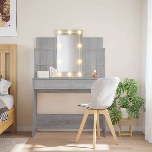 vidaXL spoguļgaldiņš ar LED, pelēka ozolkoka krāsa, 90x42x142 cm