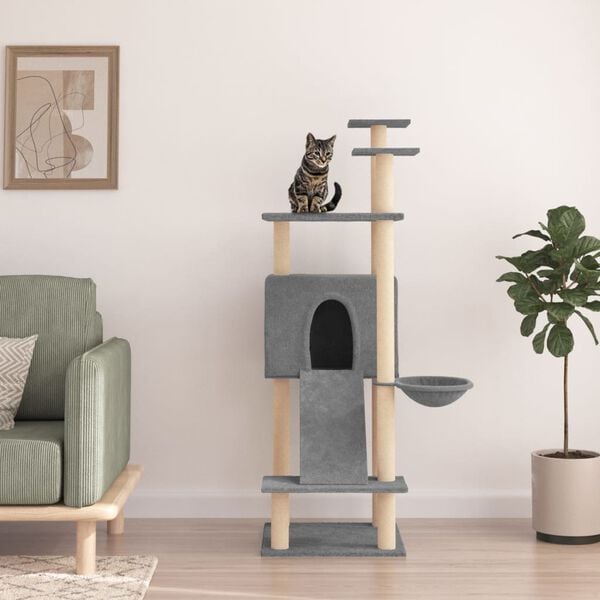 vidaXL kaķu māja ar sizala stabiem nagu asināšanai, 153 cm, pelēka