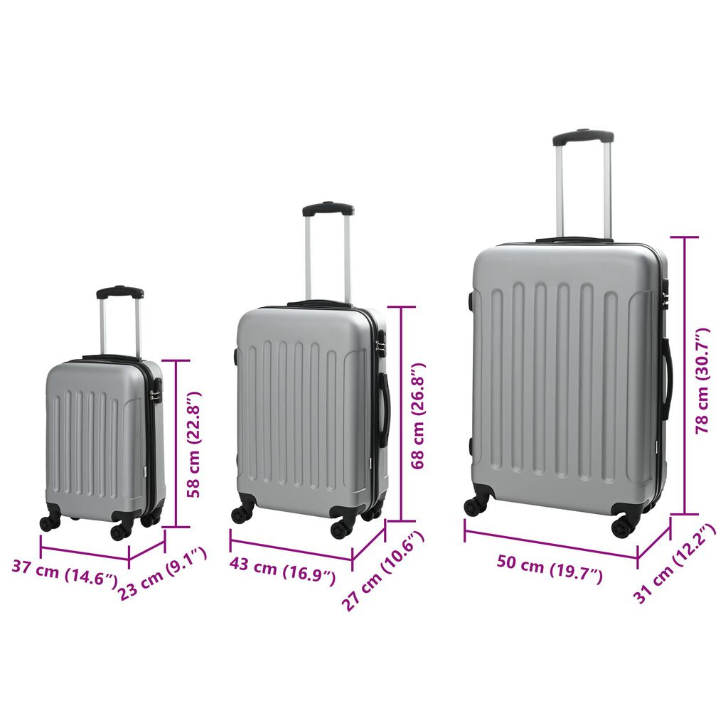 vidaXL koferu komplekts 3 gab. Cietā sudraba 20'' 24'' 28'' ABS