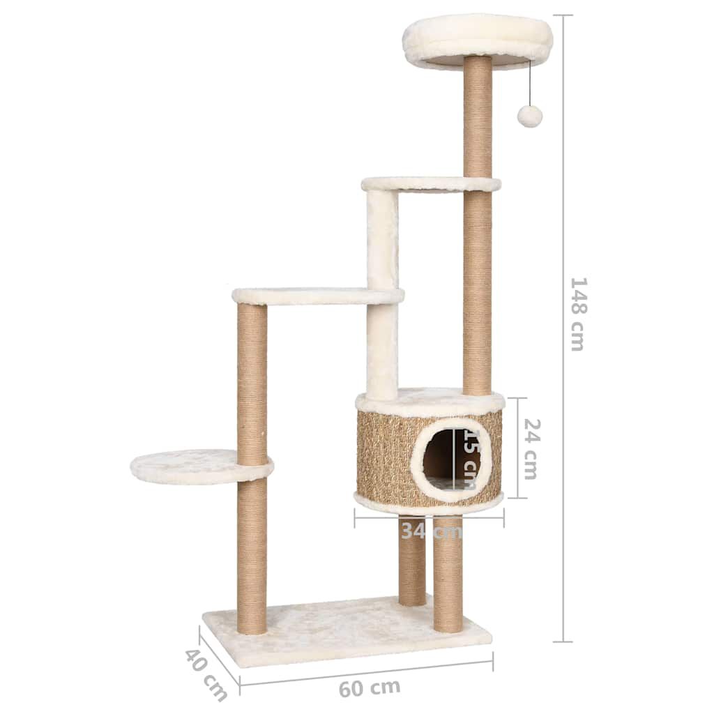 vidaXL kaķu māja ar stabiem nagu asināšanai, 148 cm, jūraszāles